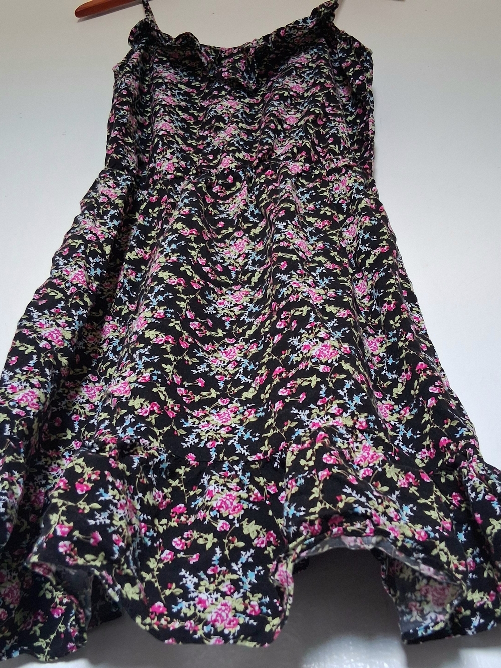 Black Spagetti Strap Floral Midi Dress with Pink & Blue Blossoms